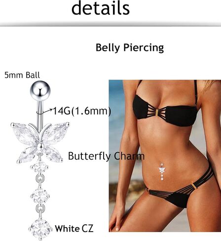 6Pcs Belly Button Ring Dangle Navel Belly Piercing Jewelry Bow Heart Butterfly Flower Navel Belly Rings Stainless Steel Dangling Jewelry 14G Cute Pink White CZ for Women in Saudi Arabia