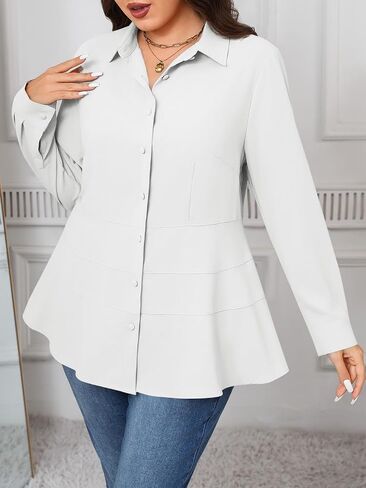 Beautife Women's Plus Size Button Down Shirts Long Sleeve Dressy Casual Blouse V Neck Collared Tiered Slimming Peplum Tops in Saudi Arabia