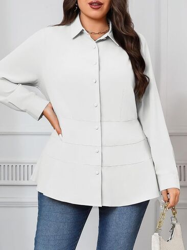 Beautife Women's Plus Size Button Down Shirts Long Sleeve Dressy Casual Blouse V Neck Collared Tiered Slimming Peplum Tops in Saudi Arabia