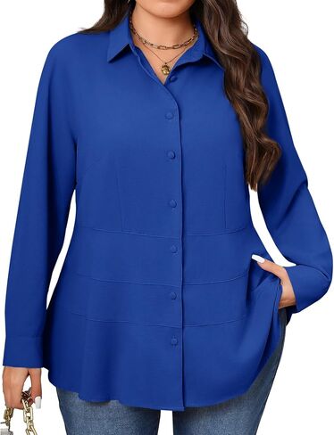 Beautife Women's Plus Size Button Down Shirts Long Sleeve Dressy Casual Blouse V Neck Collared Tiered Slimming Peplum Tops in Saudi Arabia