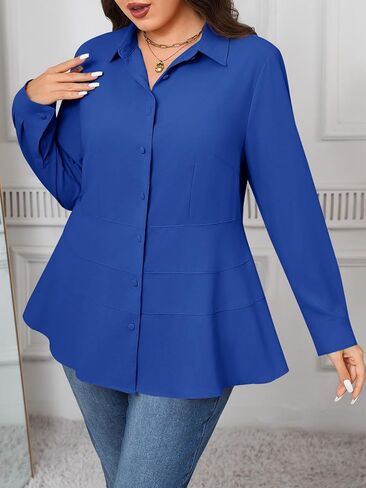 Beautife Women's Plus Size Button Down Shirts Long Sleeve Dressy Casual Blouse V Neck Collared Tiered Slimming Peplum Tops in Saudi Arabia