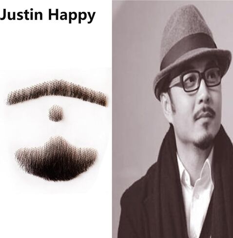 False Mustaches Human Hair Lace Based Fake Beard Black Fake Mustache Fake Hair Realistic Moustache Fake Goatee Costume for Men (Black) in Kuwait
