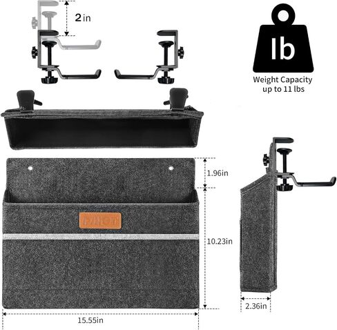 Under Desk Storage,Wall Mounted Storage Bag Organizer,Side Desk Organizer,Hanging Standing Desk Accessories,2 swivelling hooks,Three Pocket Design Gray Dirty Resistant Felt in Saudi Arabia