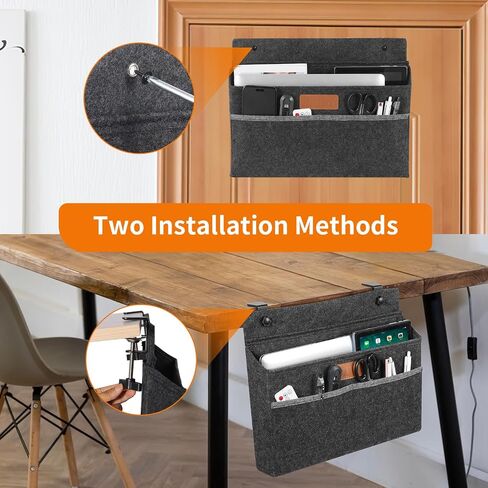 Under Desk Storage,Wall Mounted Storage Bag Organizer,Side Desk Organizer,Hanging Standing Desk Accessories,2 swivelling hooks,Three Pocket Design Gray Dirty Resistant Felt in Saudi Arabia
