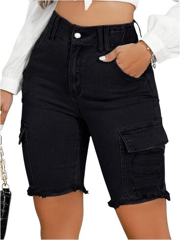 SweatyRocks Women's High Waist Ripped Raw Hem Skinny Denim Bermuda Shorts with Pocket in Saudi Arabia