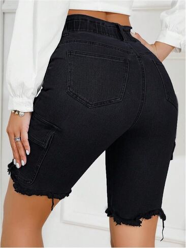SweatyRocks Women's High Waist Ripped Raw Hem Skinny Denim Bermuda Shorts with Pocket in Saudi Arabia