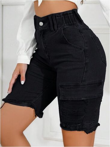SweatyRocks Women's High Waist Ripped Raw Hem Skinny Denim Bermuda Shorts with Pocket in Saudi Arabia
