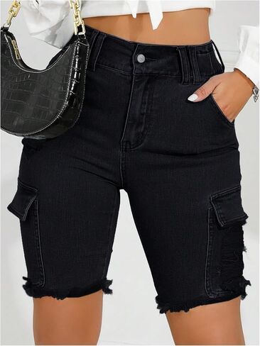 SweatyRocks Women's High Waist Ripped Raw Hem Skinny Denim Bermuda Shorts with Pocket in Saudi Arabia