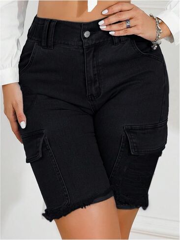 SweatyRocks Women's High Waist Ripped Raw Hem Skinny Denim Bermuda Shorts with Pocket in Saudi Arabia