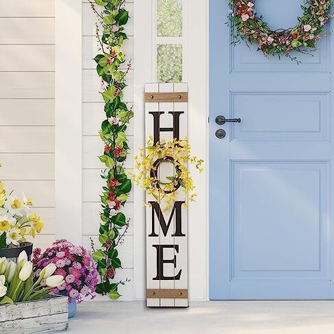 Glitzhome JK44369 Wooden Rustic Farmhouse Wall Hanging Porch Decor with 3 Changeable Floral Wreath, 42"H, Home Welcome Sign for Front Door, Rectangular, White in Kuwait