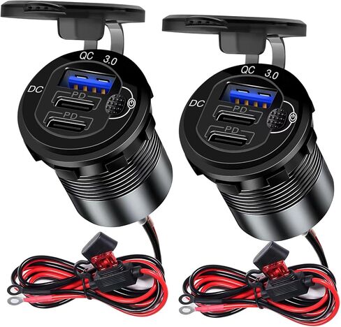 2 Pack 12V USB Car Socket 90W Multi Port USB C 12V Outlet Aluminum 3-Port Marine USB Fast Charger Cigarette Outlet USB Replacement with Switch, Suitable for Boat Golf Cart RV Motorcycle Truck in Saudi Arabia