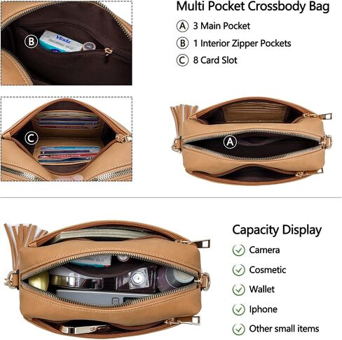 Triple Zip Small Crossbody Bag for women,Wide Strap Cell Phone Purse Shoulder Handbag Wallet with Credit Card Slots in Kuwait