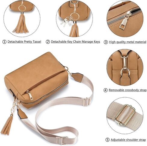 Triple Zip Small Crossbody Bag for women,Wide Strap Cell Phone Purse Shoulder Handbag Wallet with Credit Card Slots in Kuwait