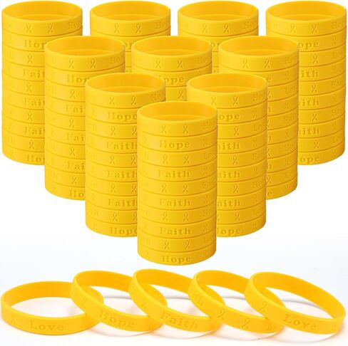 100 Pcs Gold Silicone Awareness Bracelets Bulk Childhood Cancer Bracelet Gold Ribbon Rubber Wristbands for Childhood Cancer Hope Faith Love Inspirational Wristband for Event Fundraising Charity in Saudi Arabia
