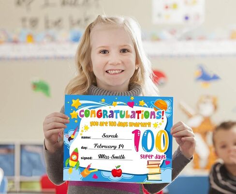 FaCraft 30 قطعة شهادات جائزة اليوم 100 للمدرسة للأطفال 100 يوم شهادة أكثر ذكاءً 100 يوم جوائز تقديرية هدايا للأطفال والطلاب والمعلمين ورياض الأطفال وحفلات الفصل الدراسي in Kuwait