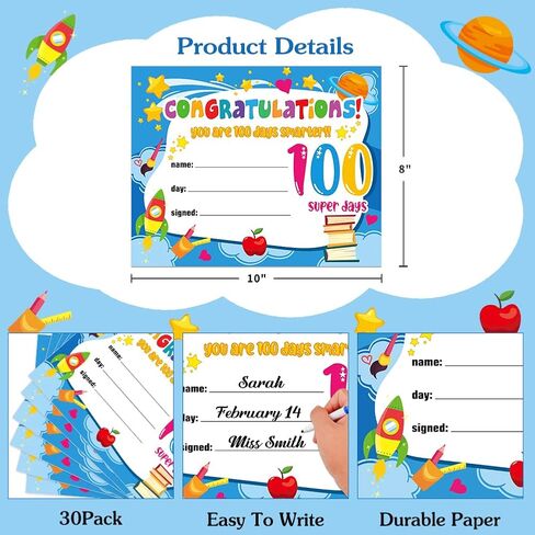 FaCraft 30 قطعة شهادات جائزة اليوم 100 للمدرسة للأطفال 100 يوم شهادة أكثر ذكاءً 100 يوم جوائز تقديرية هدايا للأطفال والطلاب والمعلمين ورياض الأطفال وحفلات الفصل الدراسي in Kuwait