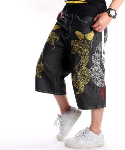 EnllerviiD Men's Baggy Jean Shorts Loose Fit Embroidered Denim Shorts Summer Hip Hop Skateboard Dance Shorts in Kuwait