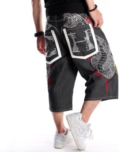 EnllerviiD Men's Baggy Jean Shorts Loose Fit Embroidered Denim Shorts Summer Hip Hop Skateboard Dance Shorts in Kuwait