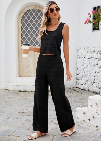 luvamia Knitted 2 Piece Sets for Women Summer Ribbed Tank Top with High Waisted Wide Leg Ankle Crop Pants Sets Vacation in Saudi Arabia