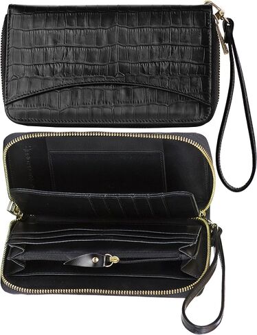 Women's Genuine Leather Wallet Wristlet Strap Clutch with Scan Proof Walls for ID protection -Crocodile Skin Design in Black in Saudi Arabia