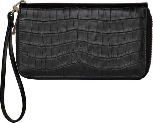 Women's Genuine Leather Wallet Wristlet Strap Clutch with Scan Proof Walls for ID protection -Crocodile Skin Design in Black in Saudi Arabia