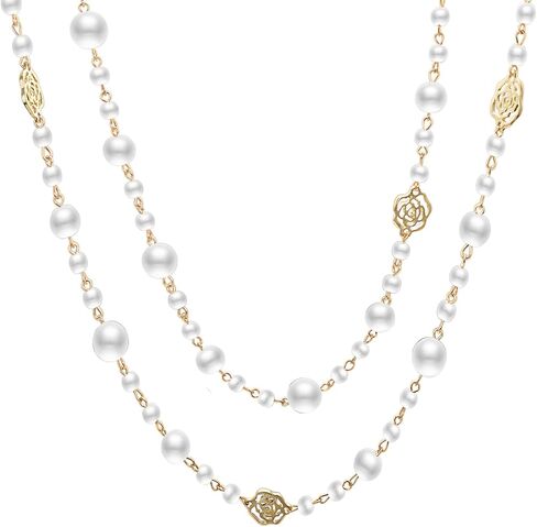 Gold Multi Strand Faux Pearl Necklace for Women Vintage Long White Pearl Necklace Party Costume Jewelry Gifts in Saudi Arabia