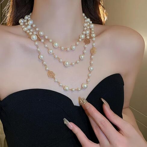Gold Multi Strand Faux Pearl Necklace for Women Vintage Long White Pearl Necklace Party Costume Jewelry Gifts in Saudi Arabia