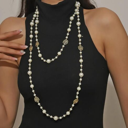 Gold Multi Strand Faux Pearl Necklace for Women Vintage Long White Pearl Necklace Party Costume Jewelry Gifts in Saudi Arabia