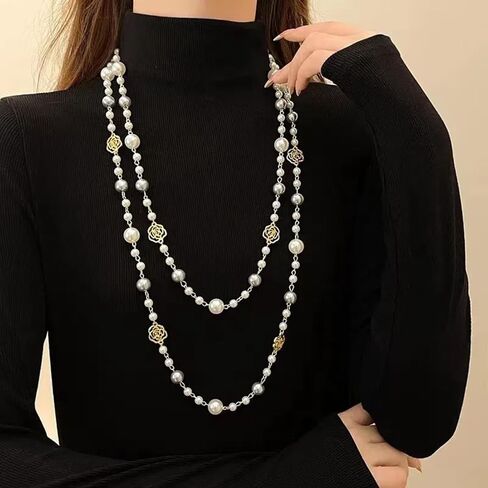 Gold Multi Strand Faux Pearl Necklace for Women Vintage Long White Pearl Necklace Party Costume Jewelry Gifts in Saudi Arabia