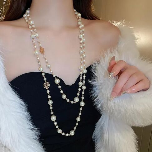 Gold Multi Strand Faux Pearl Necklace for Women Vintage Long White Pearl Necklace Party Costume Jewelry Gifts in Saudi Arabia