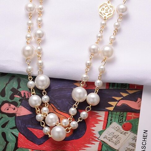 Gold Multi Strand Faux Pearl Necklace for Women Vintage Long White Pearl Necklace Party Costume Jewelry Gifts in Saudi Arabia