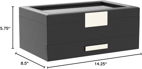 Valet Jewelry Box for Men - Holds 6 Watches, 12 cufflinks, 2 Sunglasses, Drawer & Tray Storage - Watch Case - Carbon Fiber design Organizer w Metal Accents & Large Glass Lid - Black in Saudi Arabia