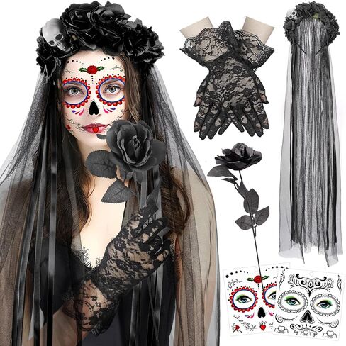 DPKOW Halloween Day of the Dead Headband Veil Rose Floral Crown Sugar Skull Face Tattoos Halloween Costume Accessories in Saudi Arabia