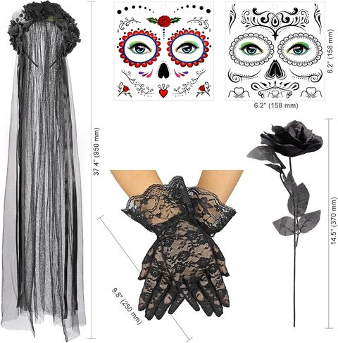 DPKOW Halloween Day of the Dead Headband Veil Rose Floral Crown Sugar Skull Face Tattoos Halloween Costume Accessories in Saudi Arabia