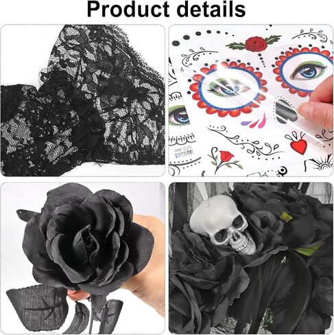 DPKOW Halloween Day of the Dead Headband Veil Rose Floral Crown Sugar Skull Face Tattoos Halloween Costume Accessories in Saudi Arabia