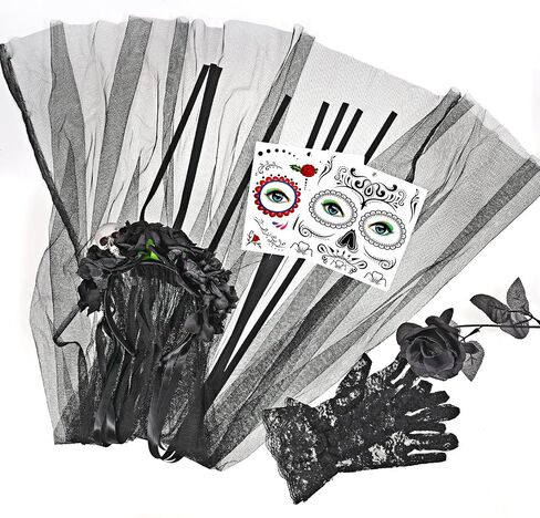 DPKOW Halloween Day of the Dead Headband Veil Rose Floral Crown Sugar Skull Face Tattoos Halloween Costume Accessories in Saudi Arabia