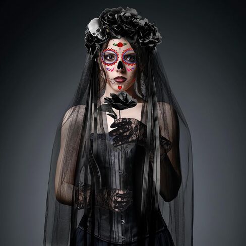 DPKOW Halloween Day of the Dead Headband Veil Rose Floral Crown Sugar Skull Face Tattoos Halloween Costume Accessories in Saudi Arabia