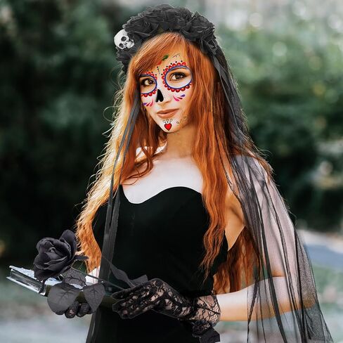 DPKOW Halloween Day of the Dead Headband Veil Rose Floral Crown Sugar Skull Face Tattoos Halloween Costume Accessories in Saudi Arabia