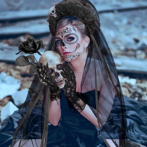 DPKOW Halloween Day of the Dead Headband Veil Rose Floral Crown Sugar Skull Face Tattoos Halloween Costume Accessories in Saudi Arabia