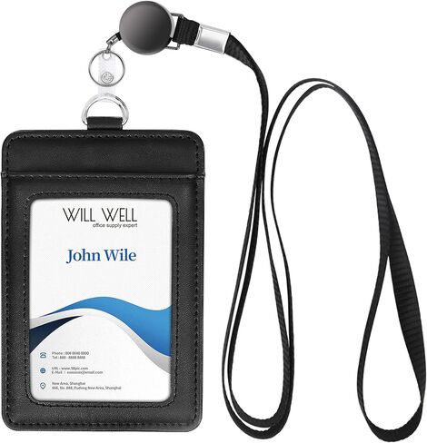 Genuine Leather ID Badge Holder with Retractable Lanyard, Retractable Badge Reel Nylon Lanyard and Vertical ID Card Holder with 1 Card Slot Key Chain for Men Women, Black in Kuwait