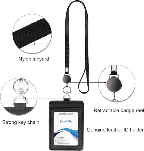 Genuine Leather ID Badge Holder with Retractable Lanyard, Retractable Badge Reel Nylon Lanyard and Vertical ID Card Holder with 1 Card Slot Key Chain for Men Women, Black in Kuwait