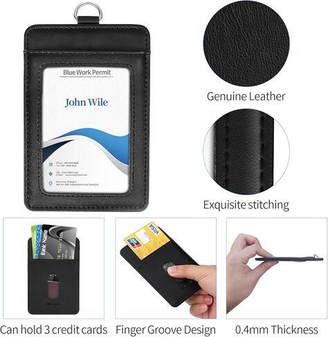 Genuine Leather ID Badge Holder with Retractable Lanyard, Retractable Badge Reel Nylon Lanyard and Vertical ID Card Holder with 1 Card Slot Key Chain for Men Women, Black in Kuwait