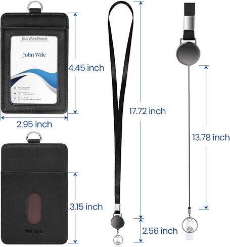 Genuine Leather ID Badge Holder with Retractable Lanyard, Retractable Badge Reel Nylon Lanyard and Vertical ID Card Holder with 1 Card Slot Key Chain for Men Women, Black in Kuwait