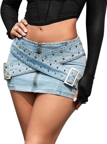 Denim Skirt Women y2k Zipper Mini Jeans Skirt Cargo Skirt with Cross Belt Design Low Waist in Saudi Arabia