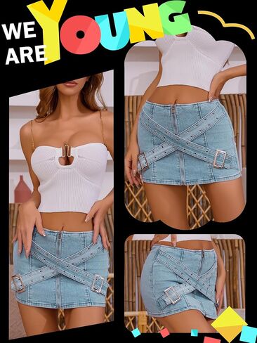 Denim Skirt Women y2k Zipper Mini Jeans Skirt Cargo Skirt with Cross Belt Design Low Waist in Saudi Arabia