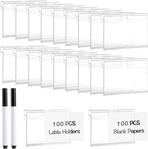 100 قطعة من مشابك ملصقات سلة التخزين البلاستيكية، مقاس 2.36 × 1.57 بوصة، مشبك ملصقات السلة، 100 إدراج ملصق مع 2 علامات طباشير سوداء لصناديق القماش، مكعبات تخزين، رف سلكي in Kuwait