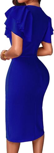 Women's Casual Summer Dresses Elegant Party Work Cocktail Bodycon Round Neck Ruffle Short Sleeve Pencil Midi Dress 672 in Saudi Arabia