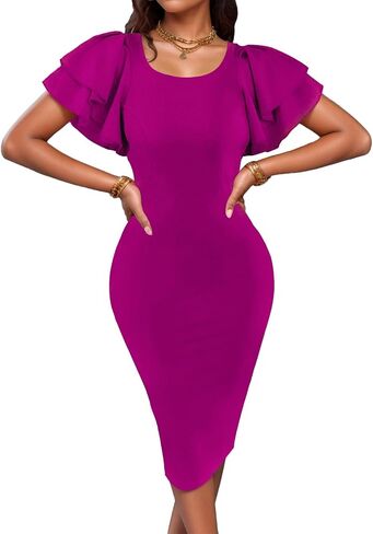 Women's Casual Summer Dresses Elegant Party Work Cocktail Bodycon Round Neck Ruffle Short Sleeve Pencil Midi Dress 672 in Saudi Arabia