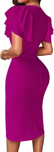 Women's Casual Summer Dresses Elegant Party Work Cocktail Bodycon Round Neck Ruffle Short Sleeve Pencil Midi Dress 672 in Saudi Arabia
