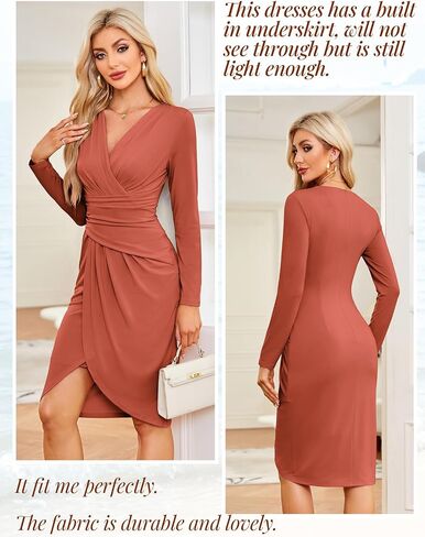 فساتين JASAMBAC النسائية Bodycon 2024 ملابس ملفوفة برقبة على شكل V للعمل كاجوال لحفلات الكوكتيل والكنيسة فستان مكتب احترافي in Saudi Arabia